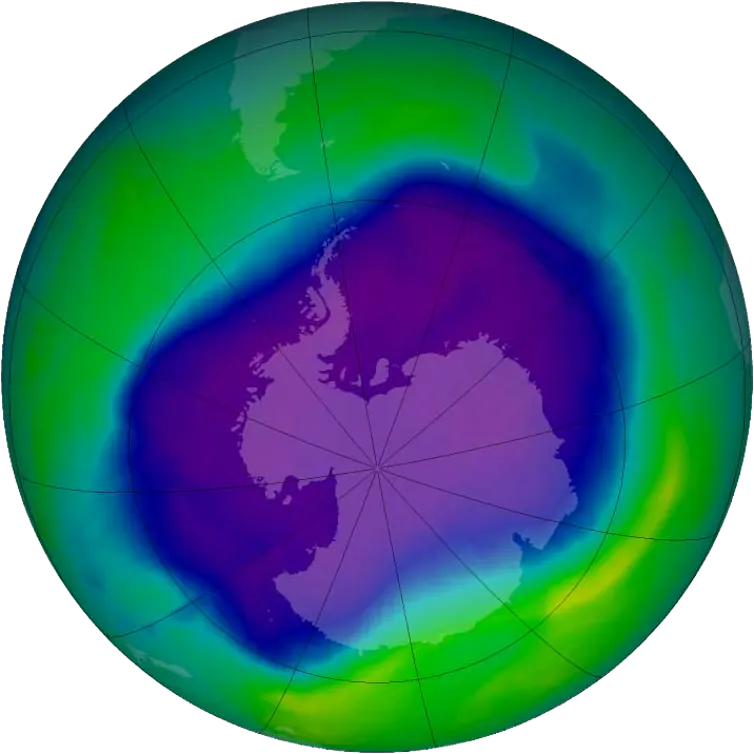 A satellite image of the southern hemisphere depicting relative ozone levels in the atmosphere.