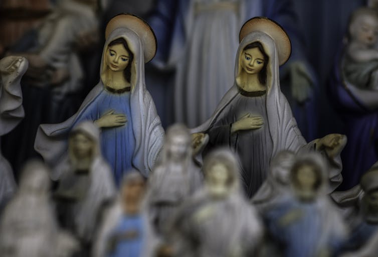 Statues of the Virgin Mary on sale  near site where the Virgin Mary is believed to have appeared in an apparition on August 15, 2020 in Medjugorje, Bosnia and Herzegovina.