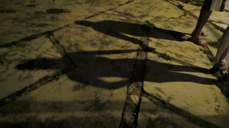 A shadow of people holding hands falls on a paved surface