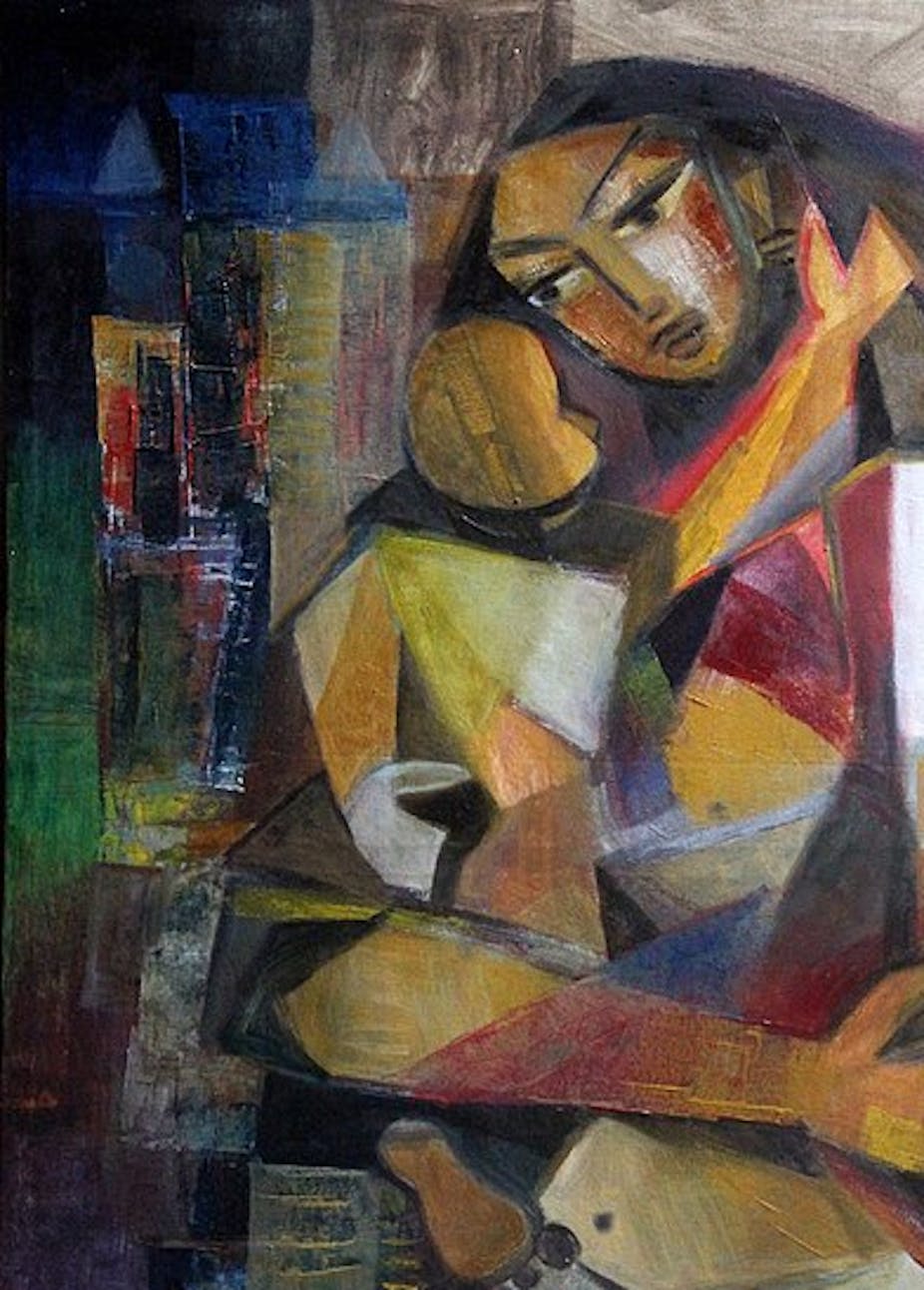 colorful abstract painting of dark-haired woman holding her baby