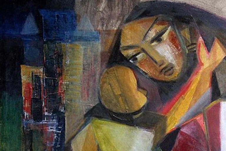 colorful abstract painting of dark-haired woman holding her baby
