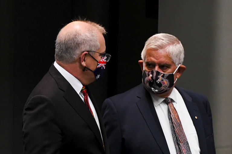Australian Prime Minister Scott Morrison and Minister for Indigenous Australians Ken Wyatt arrive ahead of delivering the statement on the Closing the Gap Implementation Report.