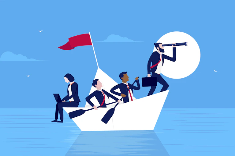 Illustration of people in a row boat.