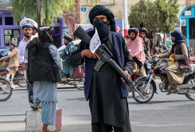 A Taliban fighter standing guard in Kabul.