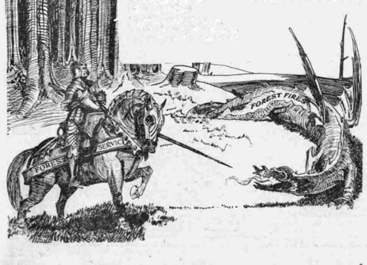 Editorial cartoon of a knight on a horse, marked Forest Service, fighting a dragon on the edge of a forest.