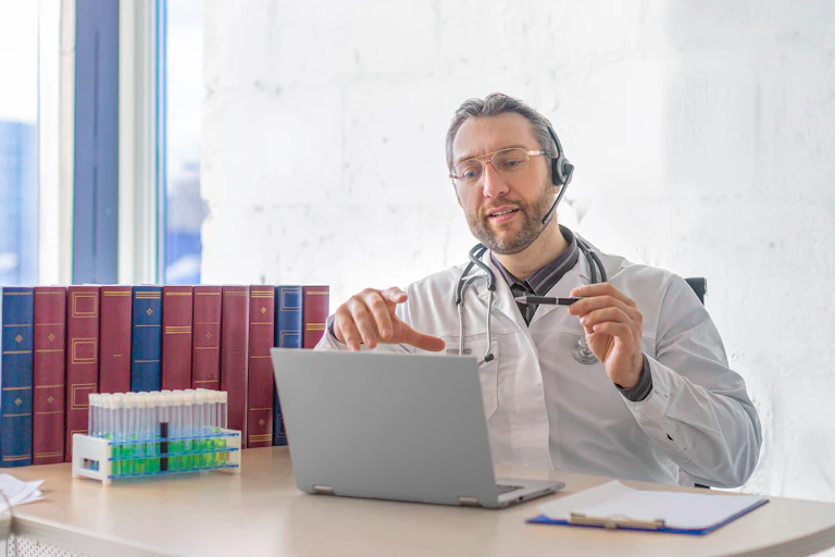 A doctor providing a remote consultation.
