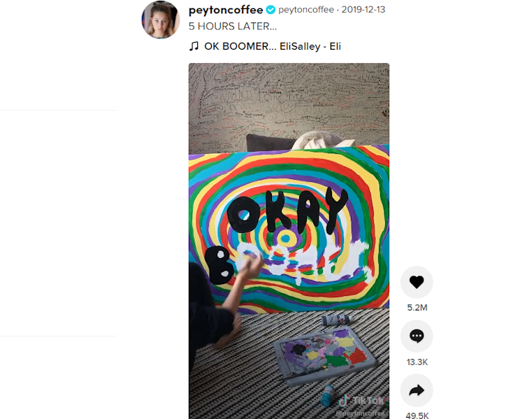 ‘Craft activism’: @peytoncoffee painting ‘OK Boomer’. The video received more than 5 million likes.