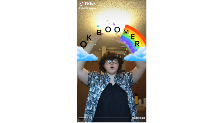 ‘Lip-sync activism’: @mokke.cos lip-syncs to @mrbeard’s ‘OK Boomer’ sound clip.