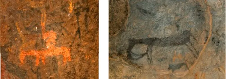 Paintings, in red and in black, of horses with baboons, very simple and using a finger-paint technique.