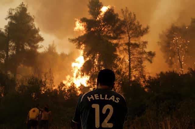 A man stands facing woodland engulfed in flames.