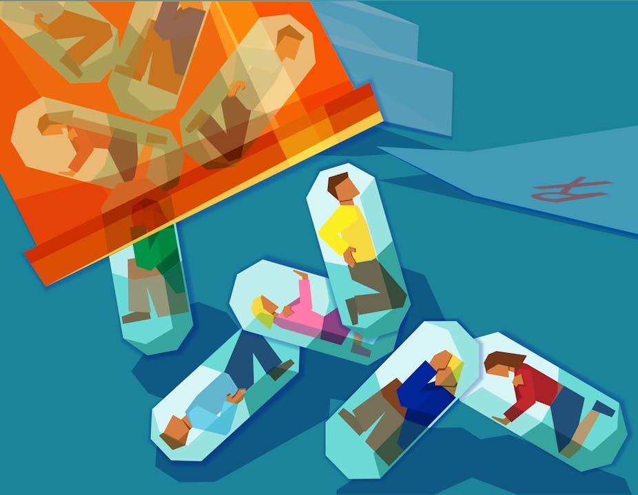 Illustration of people encased in pill capsules tumbling out of an orange pill bottle.