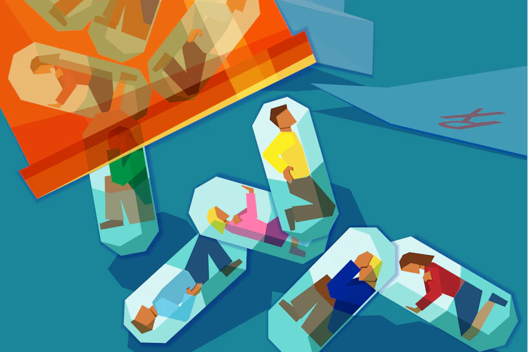 Illustration of people encased in pill capsules tumbling out of an orange pill bottle.