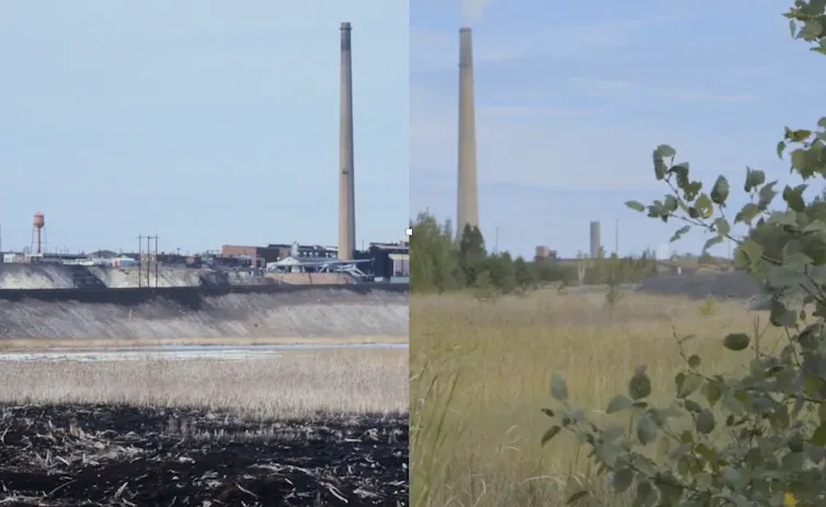 Two photographs, one showing barren landscape near smelters and another with grasses.