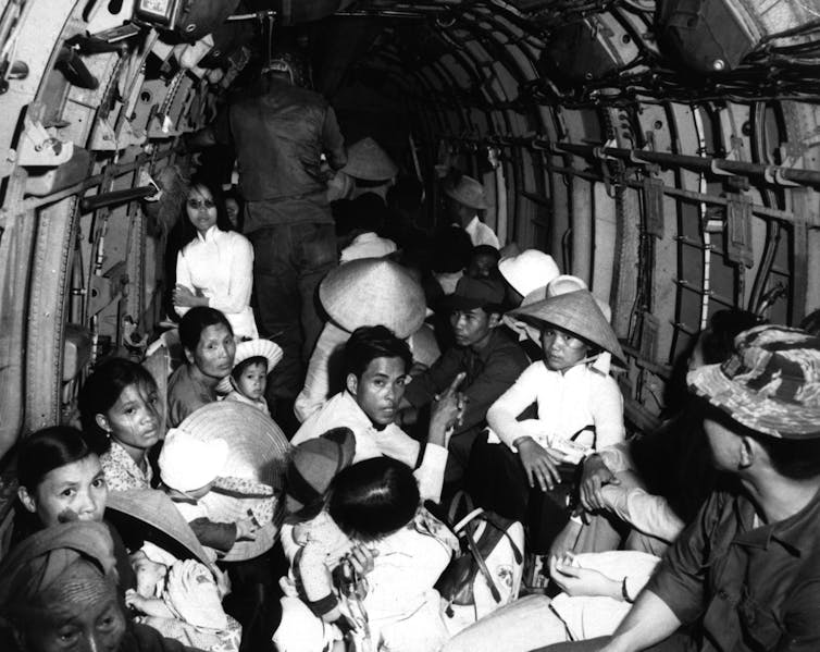 Vietnamese refugees on an Air Force helicopter