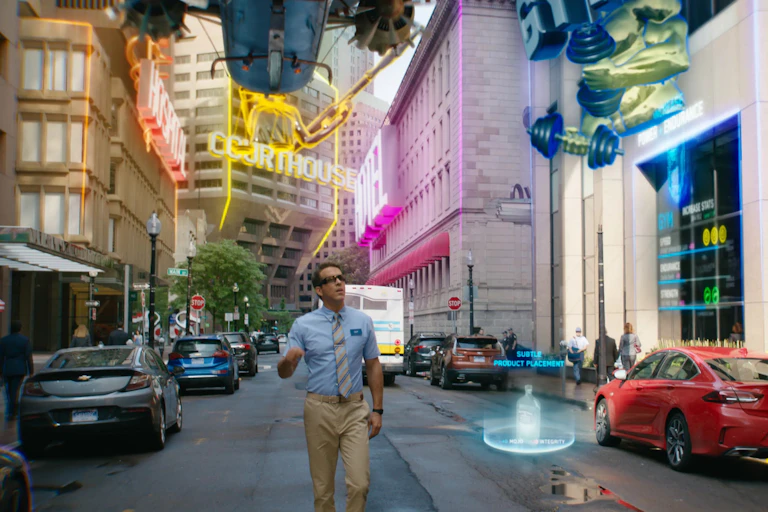 Man walks through a video game street.