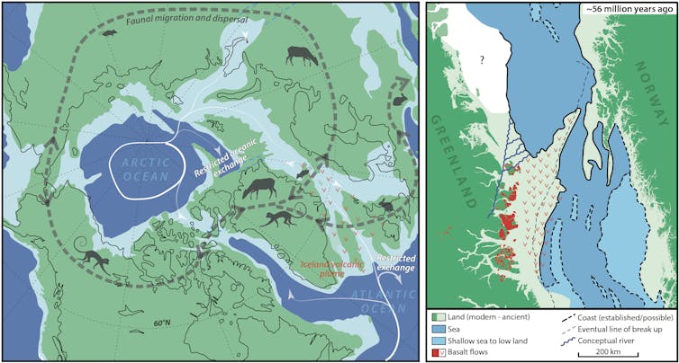 schematic reconstruction of arctic paleogeography showing faunal migration, volcanic regions and impeded ocean circulation