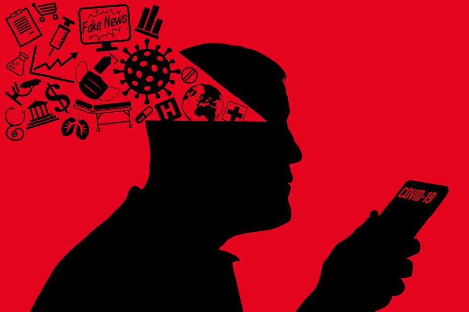Vector illustration of a shilouette of a person holding phone reading "COVID-19" on the screen, a variety of pandemic-related images spilling out of his head.