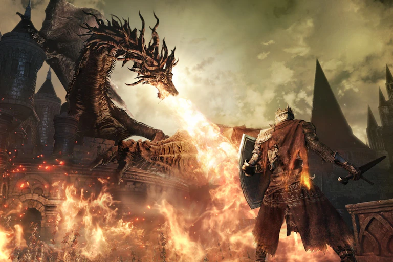 Screenshot of videogame showing knight in armour faces a fire-breathing dragon.