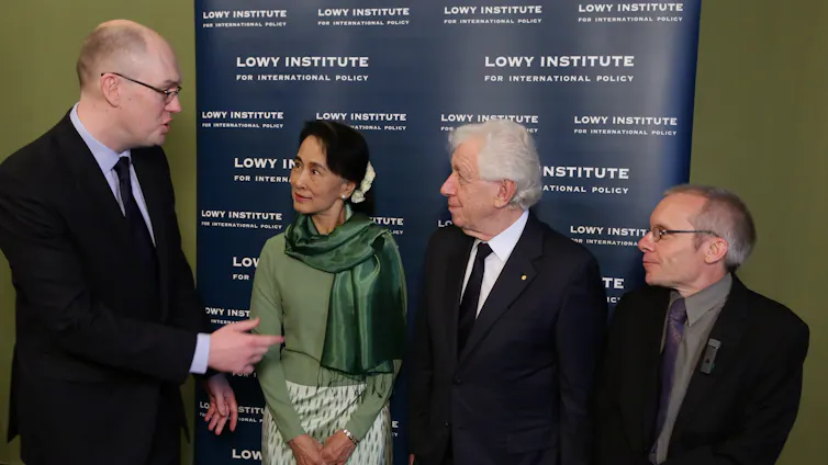 Sean Turnell. right, with Lowy Institute executive director Michael Fullilove, Aung San Suu Kyi and institute chairman Frank Lowy at a function in Sydney in November 2013.