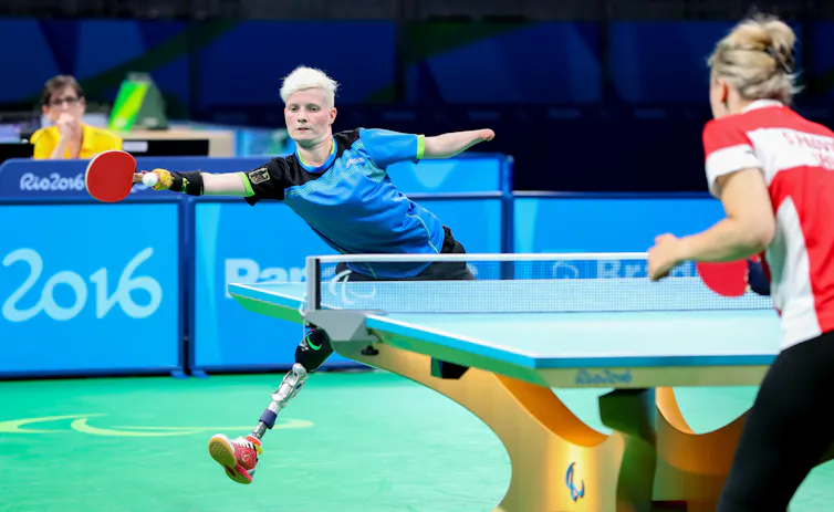 Stephanie Grebe of Germany competes in a women's singles table tennis match at the Rio 2016 Paralympics