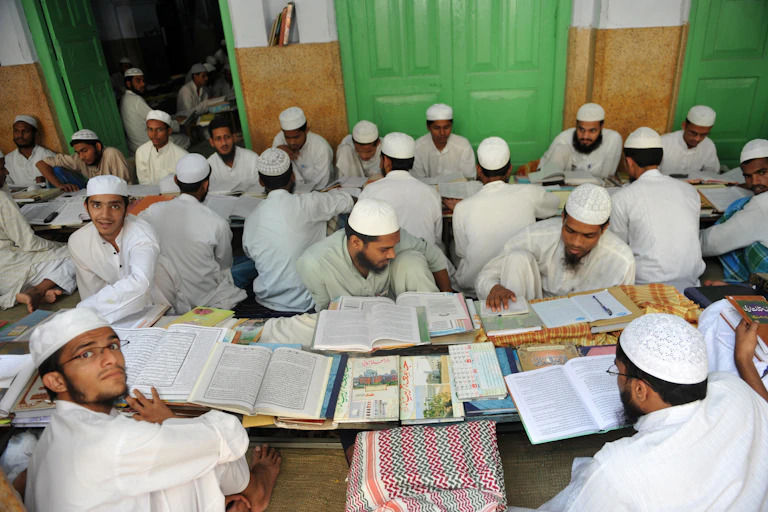 Muslim students prepare for their entry exams on campus of the Darul Uloom Deoband school of Islam in the north Indian state of Uttar Pradesh.