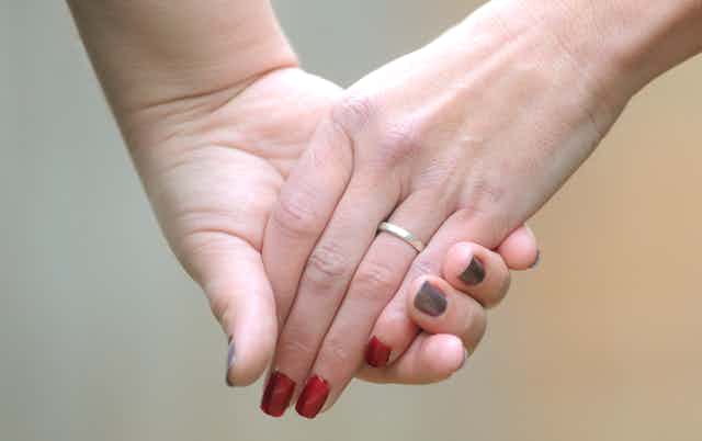 Close-up of two hands holding each other