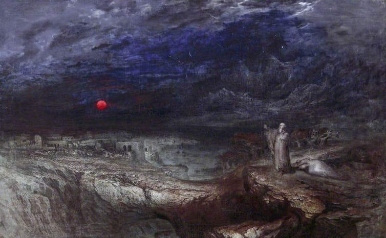 Oil painting of a broody sky, low red sun and a man on the right holding his arms up.