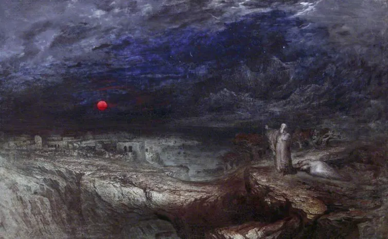 Oil painting of a broody sky, low red sun and a man on the right holding his arms up.