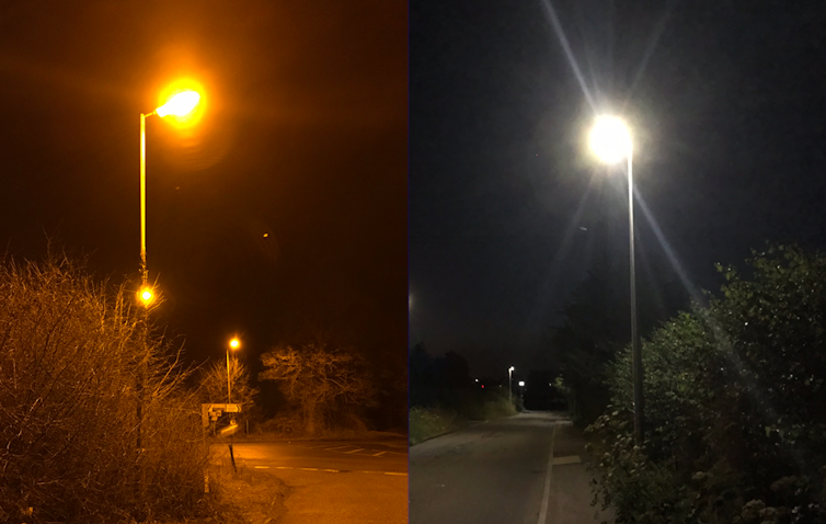 An image of two streetlights comparing sodium lights (on the left) and white LEDs (on the right).