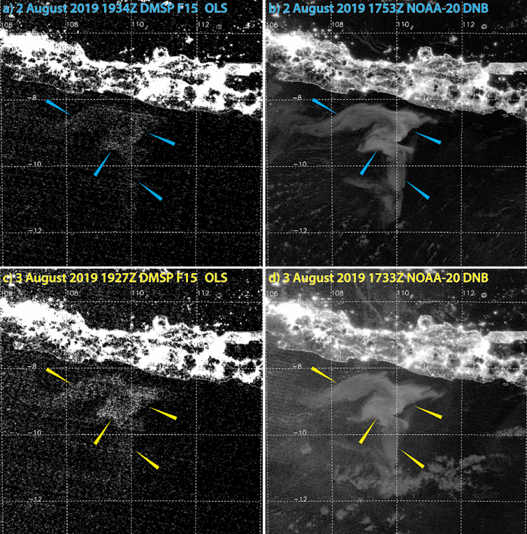 Two satellite images of Java showing a large question mark-shaped area of light-colored sea surface.