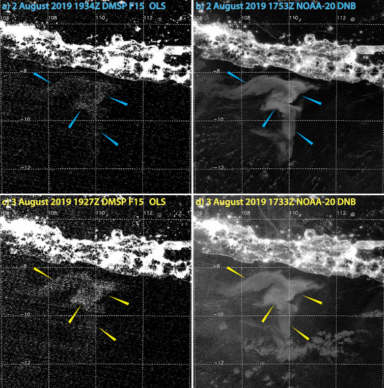 Two satellite images of Java showing a large question mark-shaped area of light-colored sea surface.