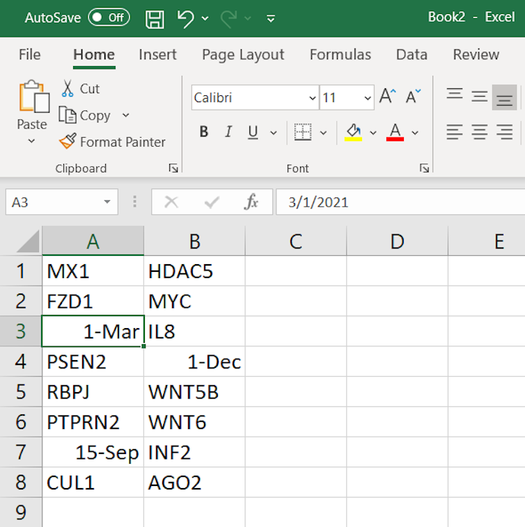 Example list of gene names in Excel