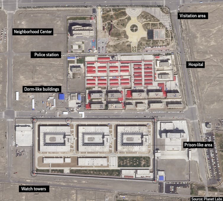 A view from above shows buildings in a grid, with identifying labels such as police station, hospital and visitation center.