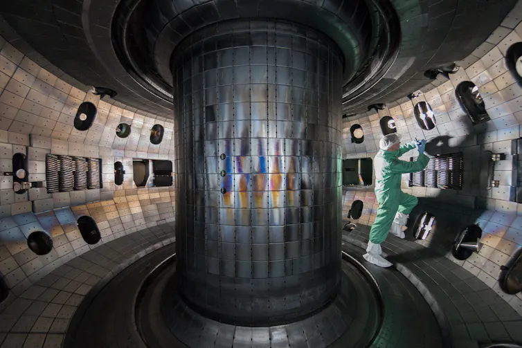 A worker inside the DIII-D tokamak in San Diego, USA.