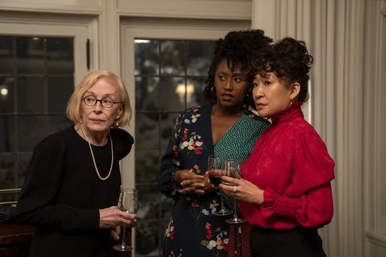 Holland Taylor, Nana Mensah and Sandra Oh in a scene from The Chair
