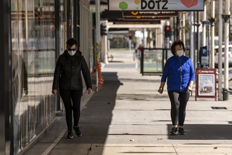 Two people walking on Melbourne's streets in masks, about 1.5 metres apart.