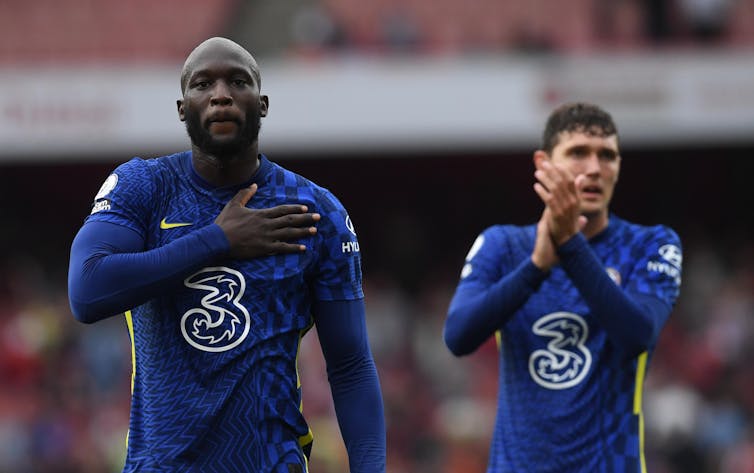 Chelsea's Romelu Lukaku applauds supporters.