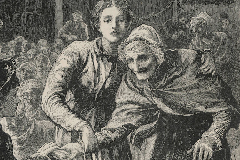 Elderly woman being held up by young woman.