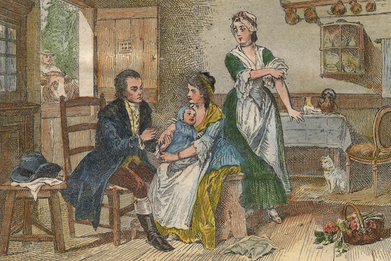 Coloured engraving of baby on mother's lap receiving a vaccine in England in the 1700s.