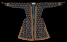 Silk robe with gold hem and a rose tree print