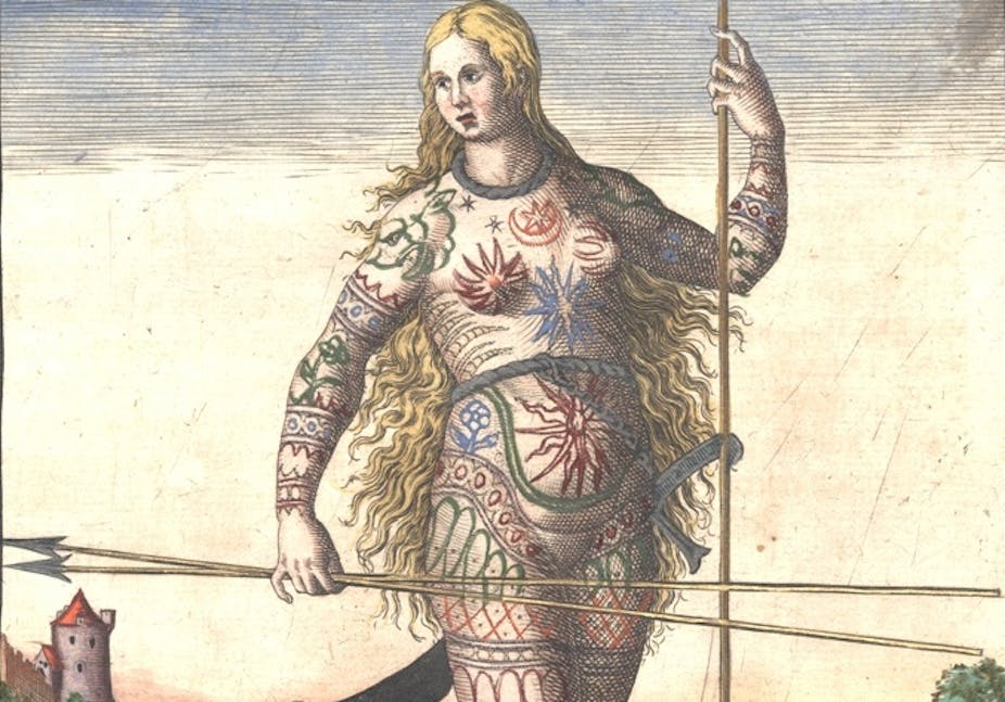 Flemish-born engraver and publisher, Theodor de Bry's engraving of a Pict woman, whose body is covered with tattoos.