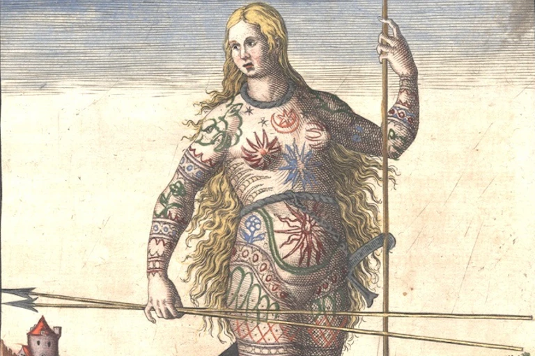 Flemish-born engraver and publisher, Theodor de Bry's engraving of a Pict woman, whose body is covered with tattoos.