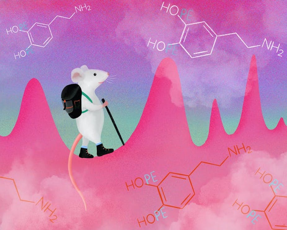 A drawing of a mouse with a walking stick amongst a pink background with molecules of dopamine.