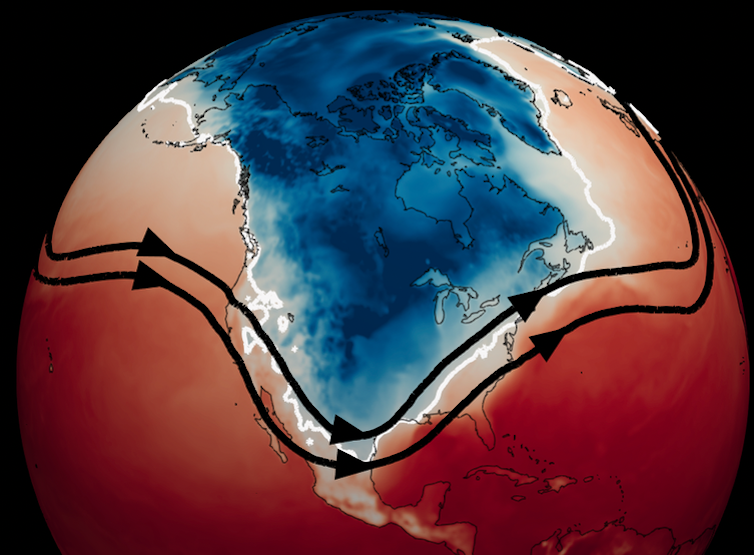 Images of the globe centered on North America shows a large cold blob over much of the continent.