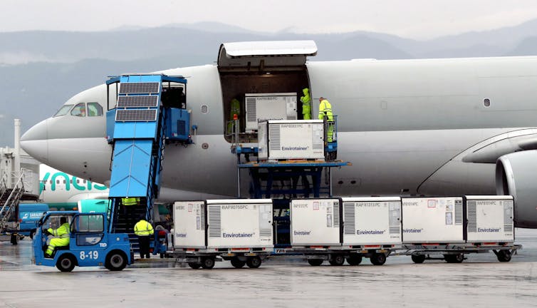 Donated vaccines from Hungary being unloaded in Sarajevo, Bosnia and Herzegovina