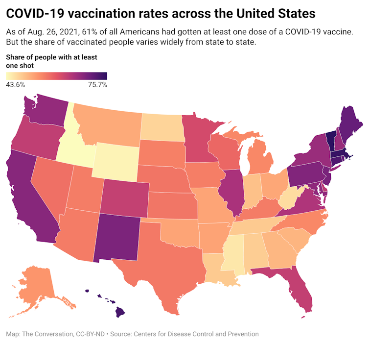 A map of the United States. The color of the state corresponds to the state's vaccination rate.