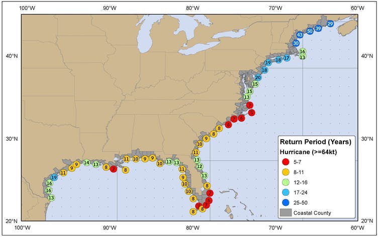 A map shows return rate for hurricanes at communities along the coast
