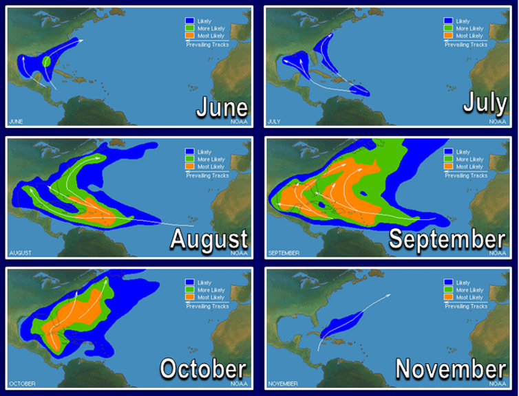 Maps showing U.S. areas most at hurricane risk during each month from June to November