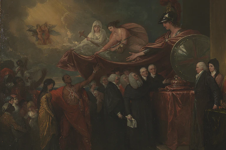 A painting showing people in various forms of dress being welcomed under a banner.