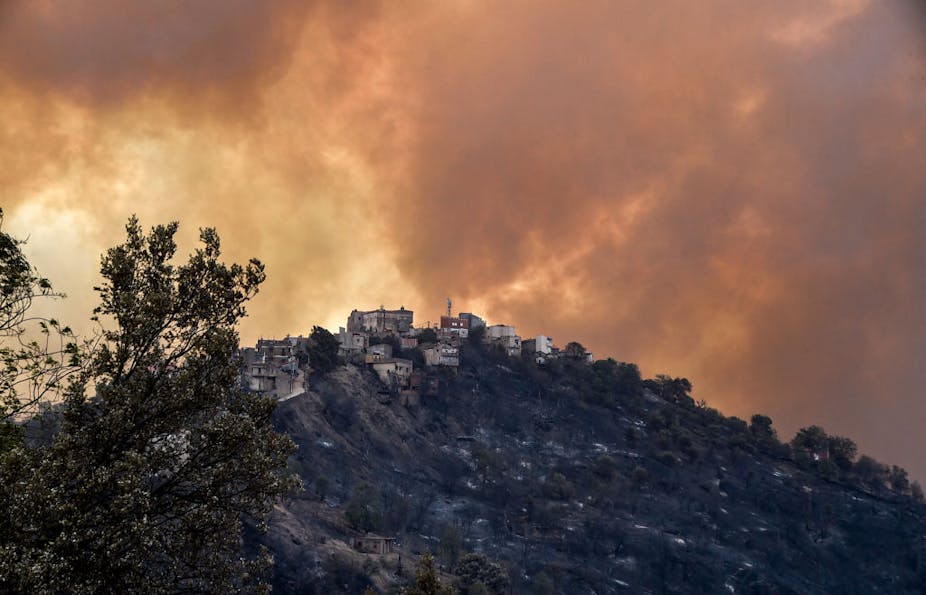 Smoke rises from a wildfire in the forested hills.